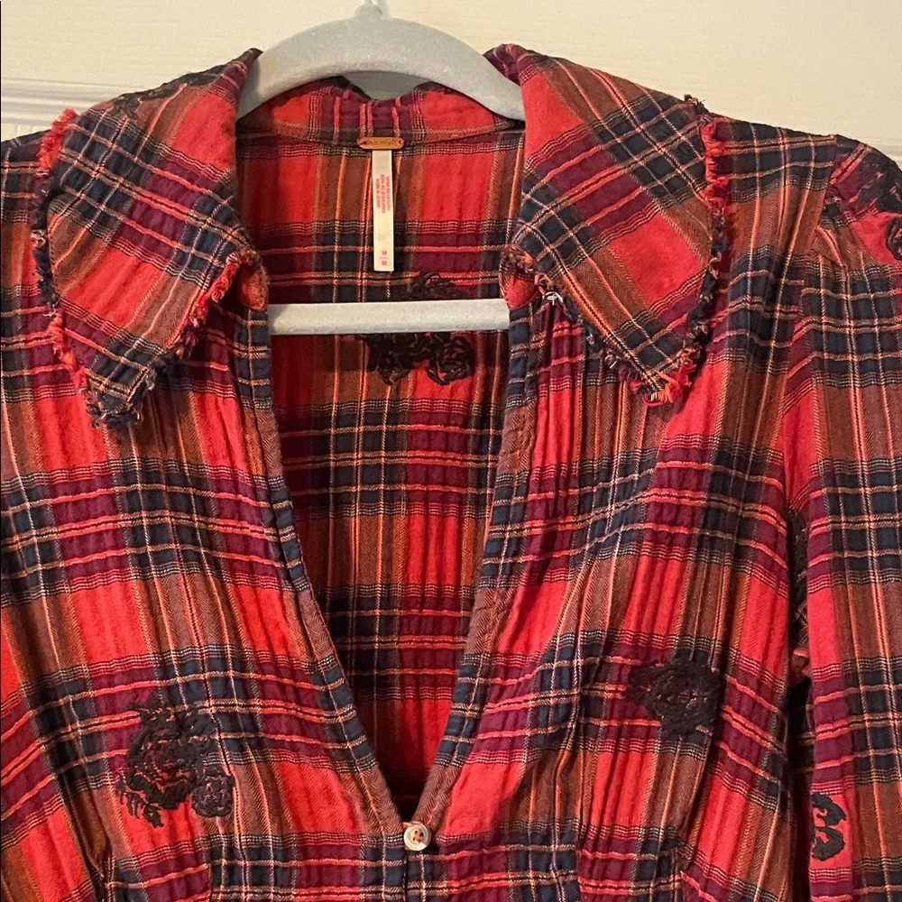 Free People Ezra Embroidered Red Plaid Bell Sleeve Top - Picture 8 of 8